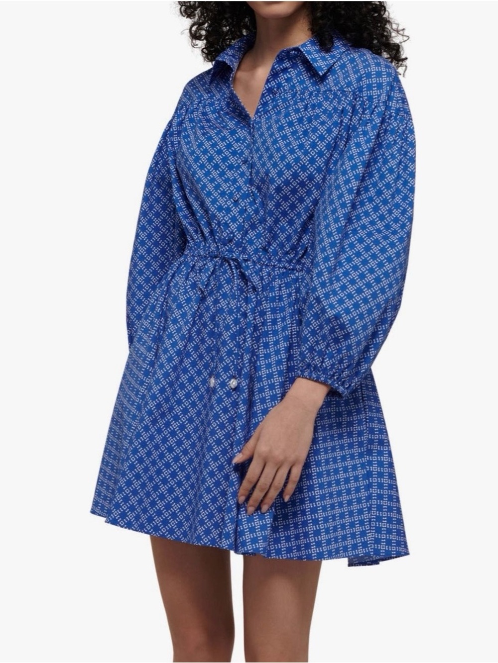 Derek Lam 10 Crosby Arbi Fit Shirt Dress Waist Tie Poplin Cotton Geo Print Blue